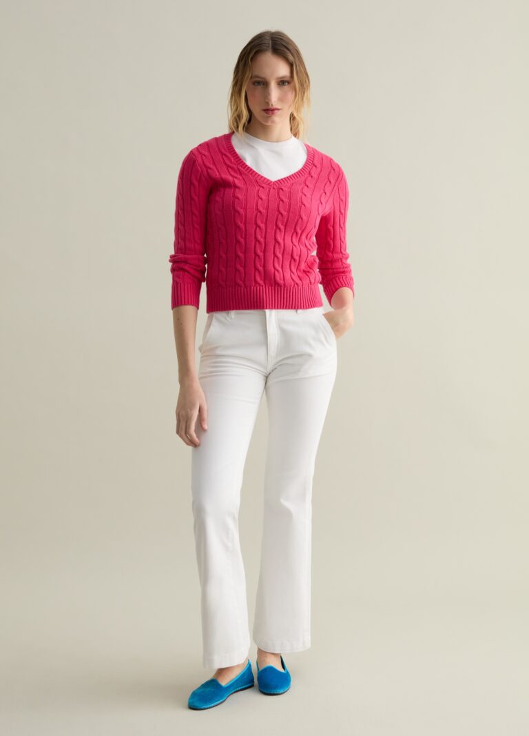 Piombo Jersey Trenzado Con Cuello De Pico, Mujer, Frambuesa, Talla: 34