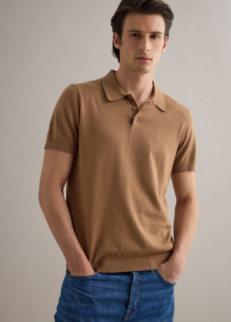 Piombo Polo Marrón De Corte Regular En Mezcla De Algodón, Lino Y Seda, Hombre, Marrón claro, Talla: