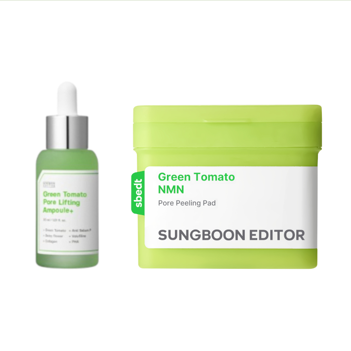 Sungboon EDITOR - Green Tomato NMN Pore Peeling Pad - 170ml (1ea) + Green Tomato Pore Lifting Ampoule+ - 30ml (1ea) Set