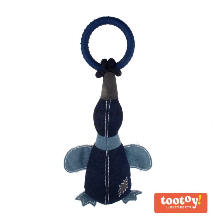 Tootoy! Tootoy! Comfort Denim Duck peluche con sonido y cuerda para perro