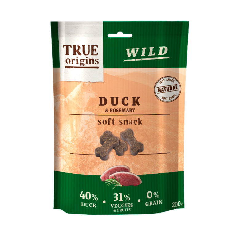 True Origins 4 bolsitas x 200 g True Origins Wild Huesitos Pato y Romero para perros ¡Pack Ahorro!