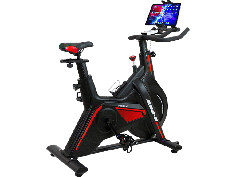 BH FITNESS Bicicleta estática - BH Fitness TOKIO H9181, Spinning, Volante de inercia, Soporte tablet, Pedales Mixtos, Negro/Rojo