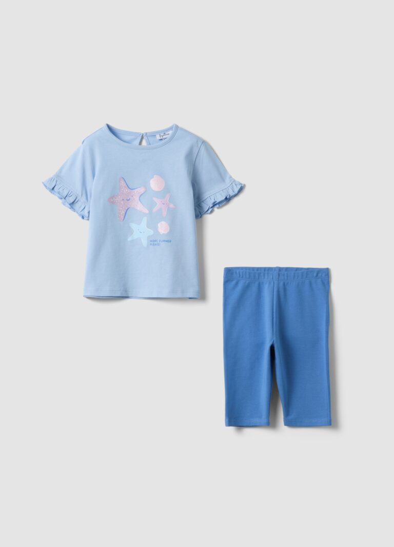 Fagottino Conjunto Azul Claro De Algodón Puro Con Camiseta Y Leggings Para Niña, Corte Regular, Niña, Azul Cielo/Azul, Talla: 30-36