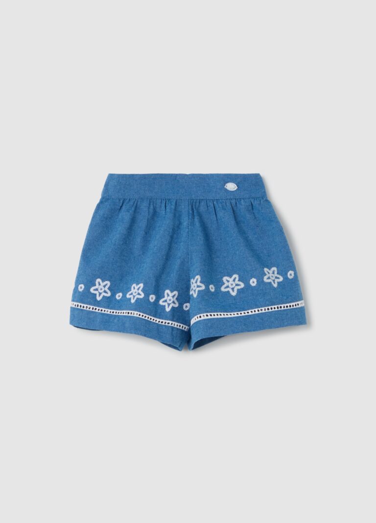Fagottino Shorts De Algodón Con Bordado Floral, Niña, Azul vaquero, Talla: 9-12