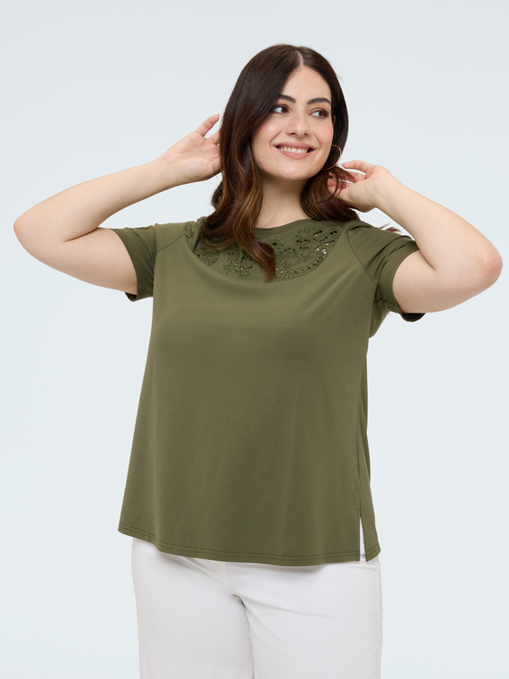 Fiorella Rubino Camiseta de algodón con encaje y tachuela