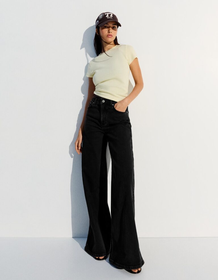 Jeans Wide Leg Tiro Alto Negro