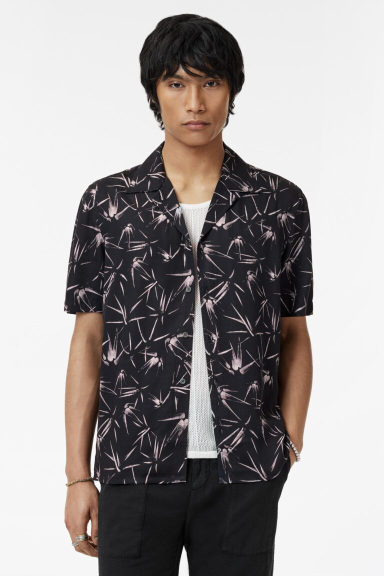 john varvatos dan camp collar shirt in thorn print black | camisas casuales outlet | hombre | negro