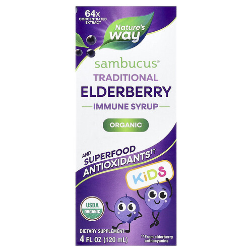 Nature's Way Sambucus® para niños, Jarabe inmunitario tradicional orgánico para niños, 1 año en adelante, Saúco, 120 ml (4 oz. líq.)