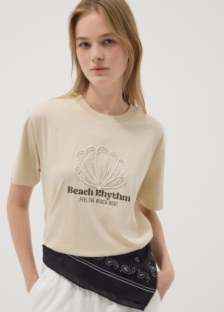 Ovs Camiseta Beige De Manga Corta En Algodón Puro Con Bordado, Mujer, Beige, Talla: 36