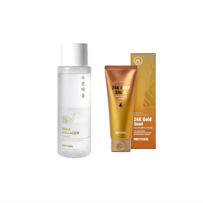 Prettyskin Snail Collagen Toner - 250ml (1ea) + Total Solution 24K Gold Snail Cleansing Foam - 150ml (1ea) Set