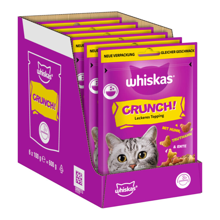 Whiskas snacks para gatos - Pack Ahorro - Crunch Pollo, pavo y pato (12 x 100 g)