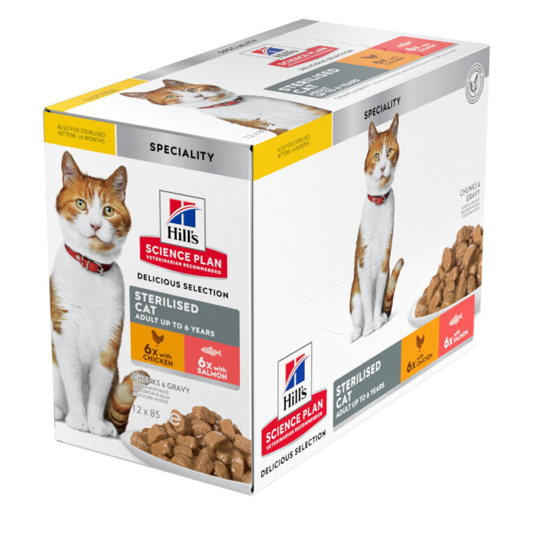 48 sobres x 85 g Hill's Science Plan Sterilised Adult Pollo y Salmón en Salsa sobre para gatos ¡Pack ahorro!