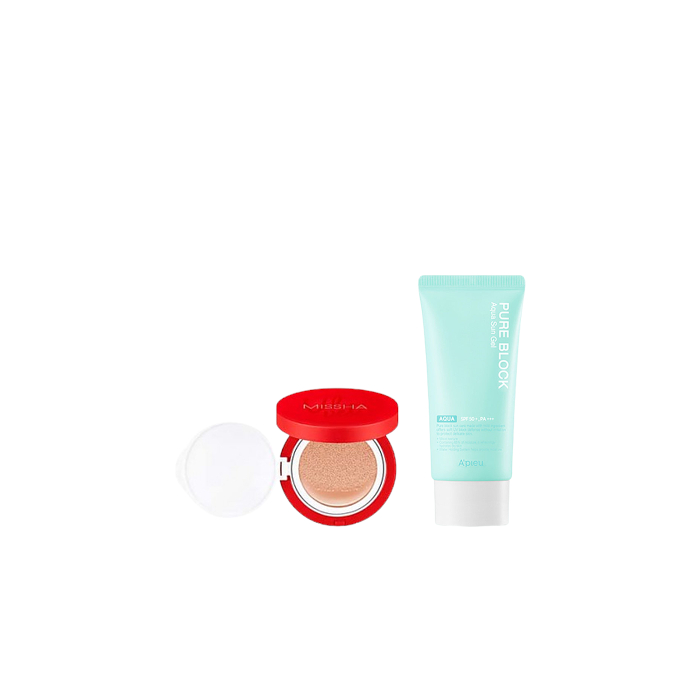 a'pieu - pure block aqua sun gel spf50+ pa+++ x missha - velvet finish cushion spf50+ pa+++ - 15g