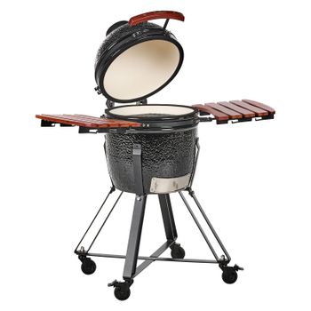 Barbacoa De Carbón Cerámica Con Ruedas Para Exteriores Con Tapa Y Termómetro Parrilla De Cocción Negro Kamado