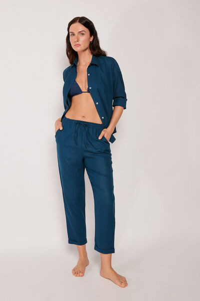 Calzedonia Pantalón Largo Recto Lino y Viscosa Mujer Azu