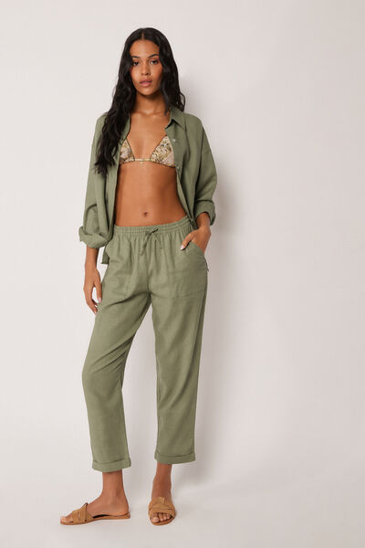 Calzedonia Pantalón Largo Recto Lino y Viscosa Mujer Verde