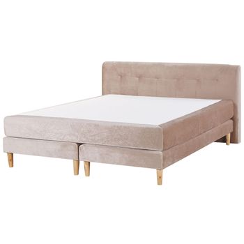 Cama Continental Tapizada En Terciopelo Beige 180 X 200 Cm Con Colchón De Muelles Embolsados Con Cabecero Marquise