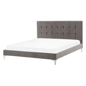 Cama Doble Tapizada En Tela De Terciopelo Gris 140 X 200 Cm Con Base De Listones Y Cabecero Acolchado Con Botones Ambert