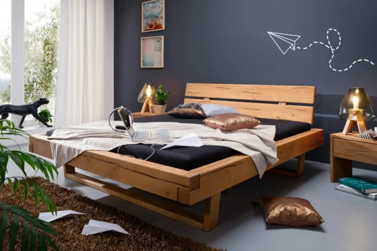 Cama KAWOLA Mala con vigas de roble macizo de pino 200x200 cm