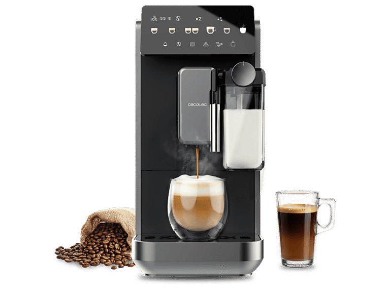 Cecotec Cafetera superautomática - Cecotec Cremmaet Lungo Latte, Depósito de leche, 19 bares, 7 bebidas, Molinillo Acero inoxidable, depósito 2 L, Neg