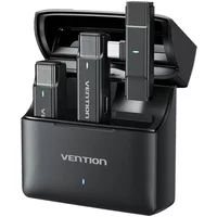Combo Micrófono Inalámbrico USB C USB-C Tipo C Vention (2TX+1RX) para Cámara, iPhone, Android, PC, 300m, 48kHz/24 bit, Hi-Fi Audio, Reducción de Ruido, 30 Horas, Microfono de Solapa para Grabar Vídeo, Live Streaming, Vlog, Podcast, ASMR, TikTok - Negro