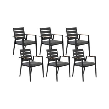 Conjunto De 6 Sillas De Jardín De Metal Negro Gris Madera Clara Cojines Taviano