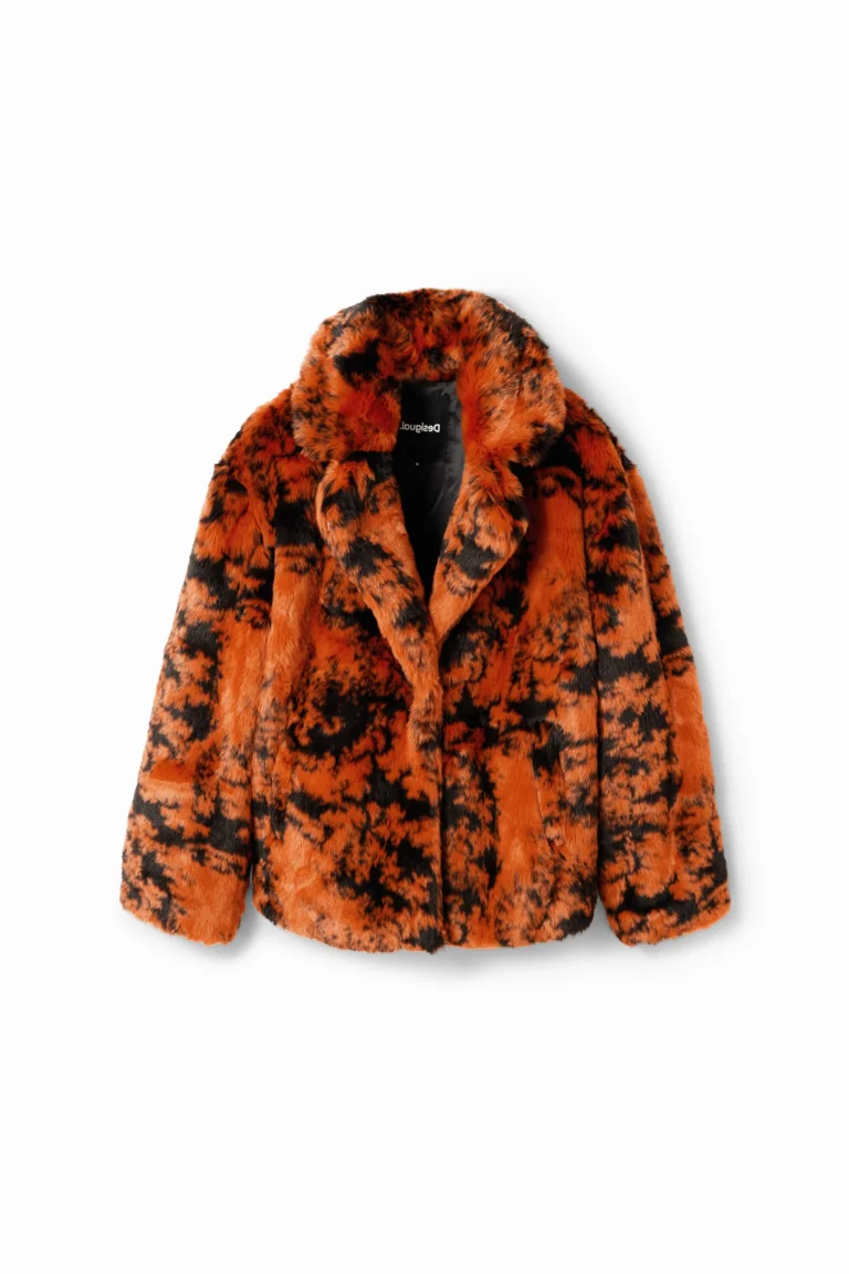 Desigual, Abrigo corto cruzado efecto pelo, Naranja