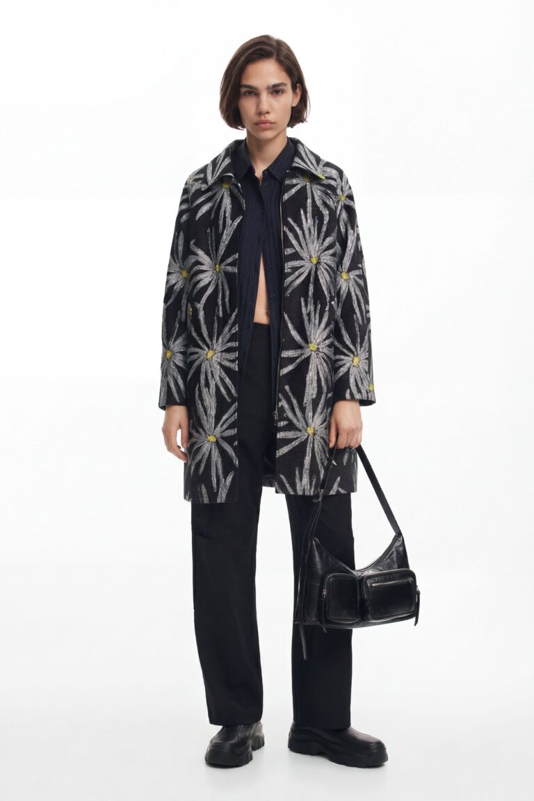 Desigual, Abrigo estampado margaritas, Poliester, Negro