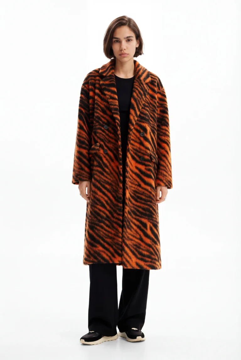 Desigual, Abrigo largo lana estampado tigre, Naranja