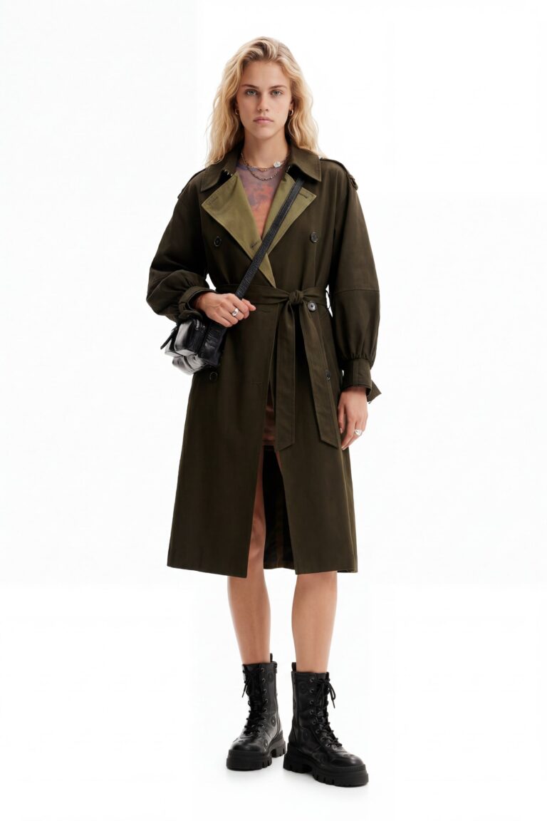 Desigual, Gabardina oversize cinturón, Algodon, Verde