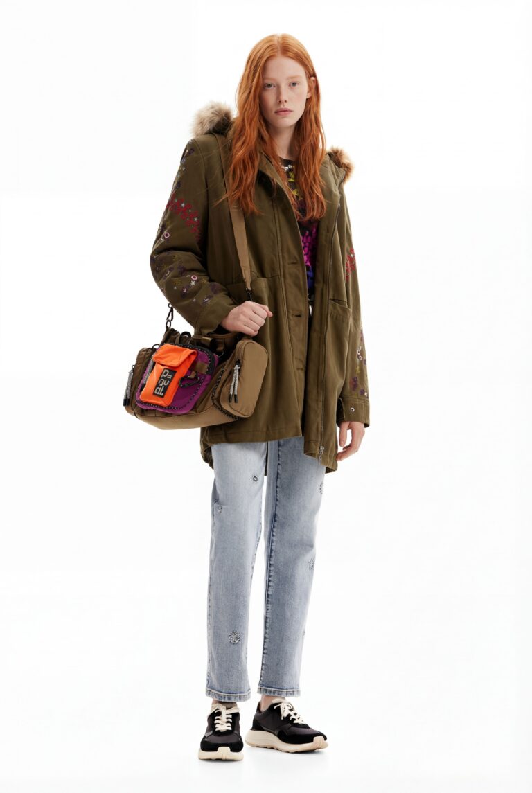 Desigual, Parka capucha bordados, Algodon, Verde