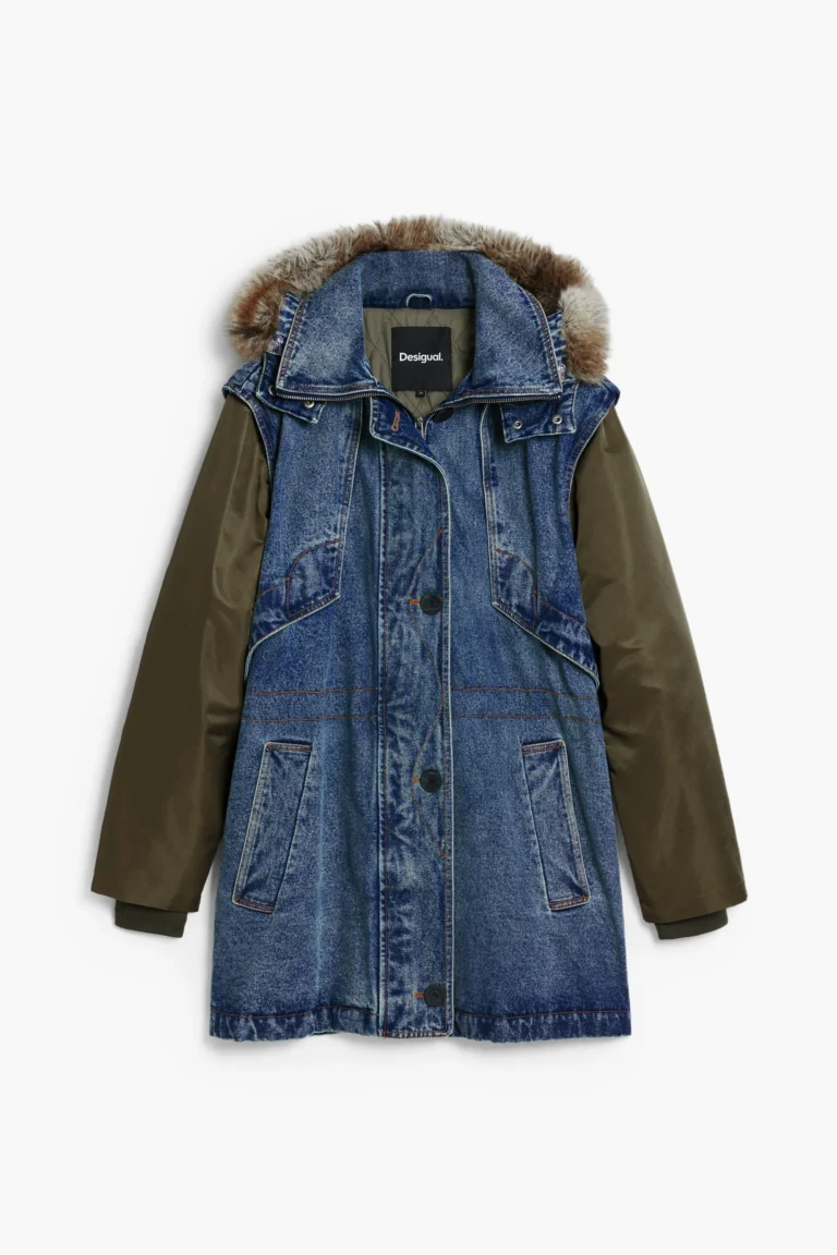 Desigual, Parka combinada pelo, Algodon, Azul