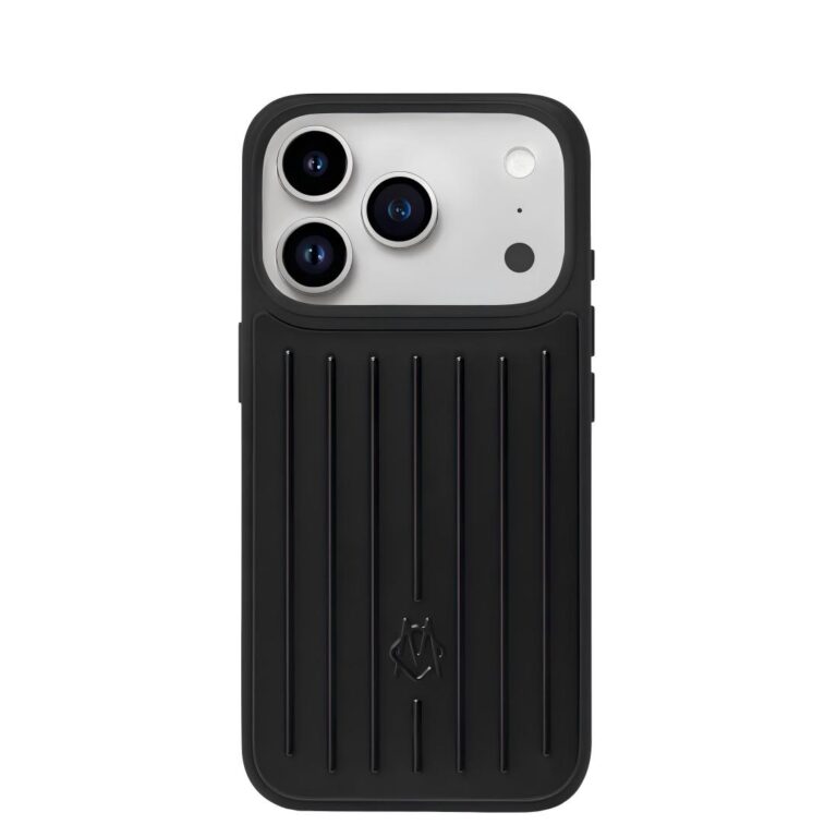 Funda para iPhone 17 / 17 Pro / 17 Pro Max, estilo maleta en color negro con diseño de ranuras, fabricada en PC blando (policarbonato flexible), resistente a caídas y golpes