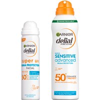 GARNIER | Delial Pack Sensitive Advanced Bruma Protectora Solar para pieles claras, sensibles e intolerantes al sol IP50+. Muy resistente al agua, 0% pegajoso, 0% graso + SUPER UV FPS50+ Bruma Protectora Facial con Textura Invisible - 75+150 ml