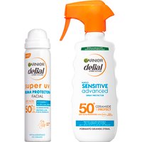 GARNIER | Delial Pack SUPER UV FPS50+ Bruma Protectora Facial con Textura Invisible +Spray Protector Sensitive Advanced Adultos crema solar para pieles claras, sensibles e intolerantes al sol IP50+. Muy resistente al agua, 0% graso, 0% pegajoso - 40+270ML