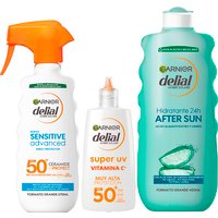 GARNIER | Delial Spray Protector Sensitive Advanced Adultos crema solar para pieles claras e intolerantes al sol IP50+. After Sun Leche Calmante Rostro y Cuerpo Con Aloe Vera + SUPER UV Vitamina C FPS50+ Crema Fluida Diaria Anti-Manchas - 270+400+40ml ML