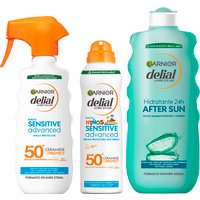GARNIER | Delial Spray Protector Sensitive Advanced Adultos crema solar para pieles claras, sensibles e intolerantes al sol IP50+ + Bruma Protectora Anti Arena para pieles sensibles. Muy resistentes al agua + After Sun Leche Cara y Cuerpo - 270+150+400ML