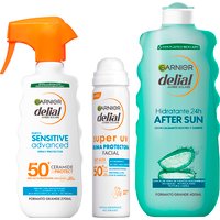 GARNIER | Delial Spray Protector Sensitive Advanced Adultos crema solar para pieles claras, sensibles e intolerantes al sol IP50+ +SUPER UV FPS50+ Bruma Protectora Facial + After Sun Leche Calmante Rostro y Cuerpo Con Aloe Vera - 270+75+400ML