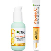 Garnier | Pack Vitamina C con Crema Sérum con SPF 25. Alta Concentración de sérum con Vitamina C y Protección Solar para Proteger la Piel de las Manchas del Sol 50ml + Contorno de Ojos con Vitamina C + Niacinamida + Cafeína + Polvo de Banana 15ml