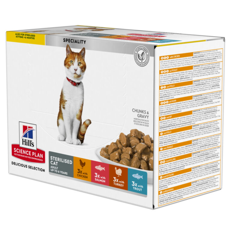 Hill's Science Plan Adult Sterilised - Pollo, salmón, pavo y trucha (48 x 85 g) - Pack Ahorro