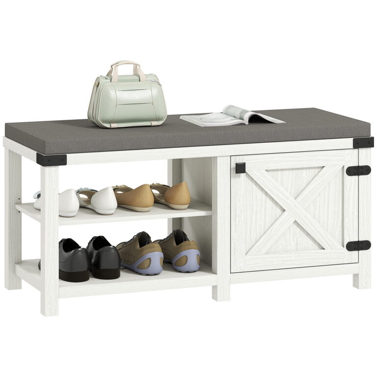 HOMCOM Banco Zapatero Rústico Zapatero con Asiento Organizador de Zapatos con Compartimentos Cojín para 7 Pares de Zapatos para Entrada Salón Dormitorio 100x40x48 cm Blanco Grisáceo y Gris