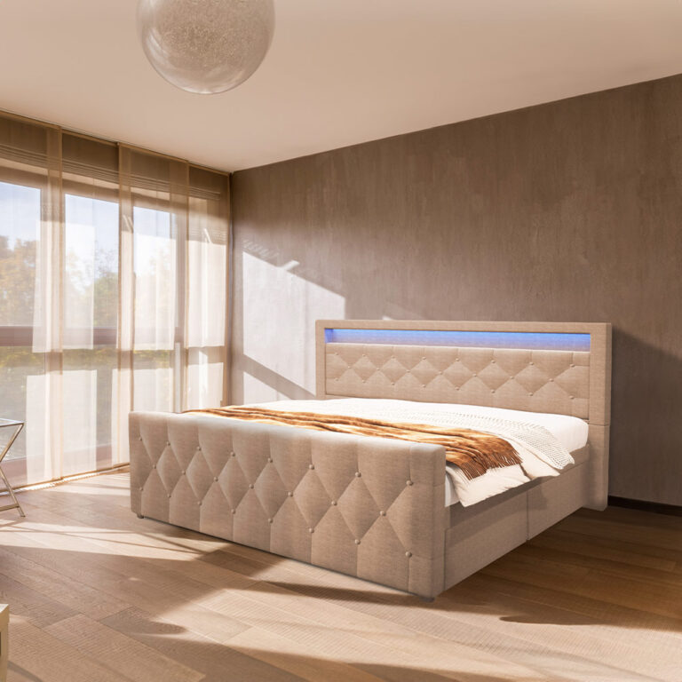 Home Deluxe Cama tapizada incl. colchón y topper VELARA - 140 x 200 cm Beige