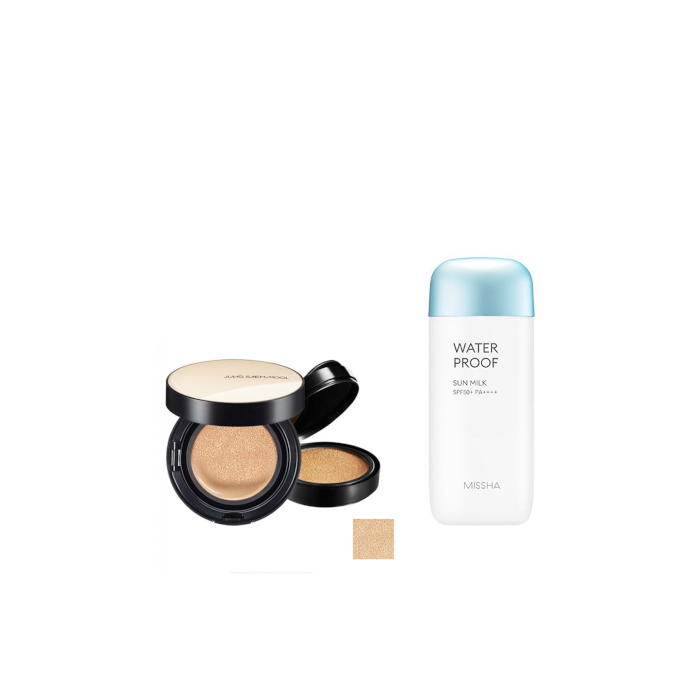 Juego All-in-One Sets MISSHA - All-Around Safe Block Waterproof Sun Milk SPF 50+/PA++++ - 70ml X Jung Saem Mool - Essential Skin Nuder Cushion -...