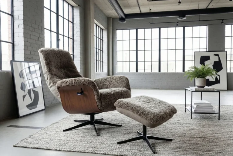 Kawola sillón reclinable SILVA sillón giratorio piel de oveja beige con Puf