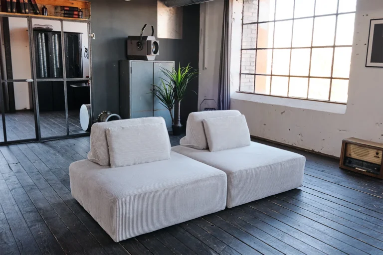 Kawola Sofá modular KAWOLA WIOLO SOFT, 2 módulos, 2 cojines respaldo, Pana gris claro