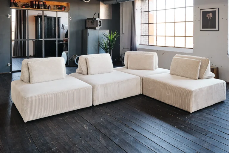 Kawola Sofá modular KAWOLA WIOLO SOFT, 4 módulos, 4 cojines respaldo, Pana blanco crema
