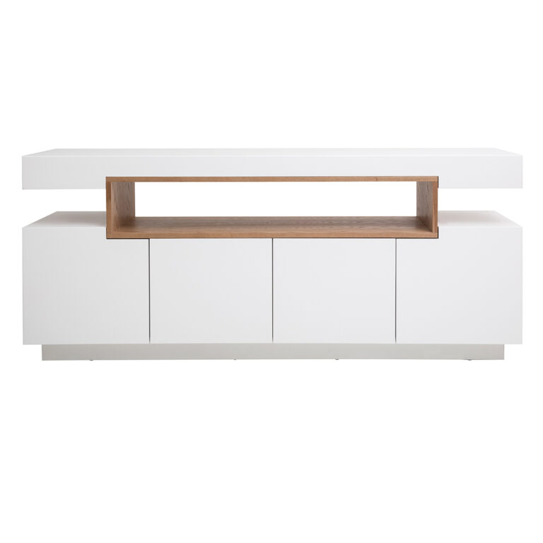 Miliboo Buffet escandinavo blanco brillante lacado y madera 4 puertas L180 cm LIVO