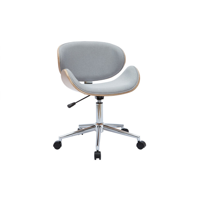Miliboo Silla de oficina con ruedas diseño en tela gris claro, madera clara y acero cromado WALNUT