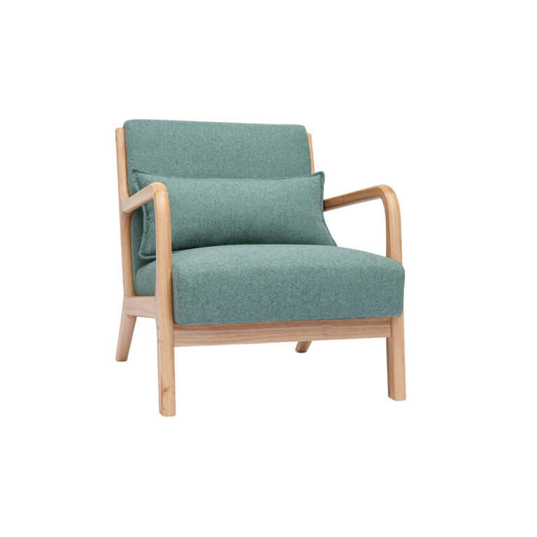 Miliboo Sillón nórdico de tejido verde grisáceo y madera clara maciza DERRY