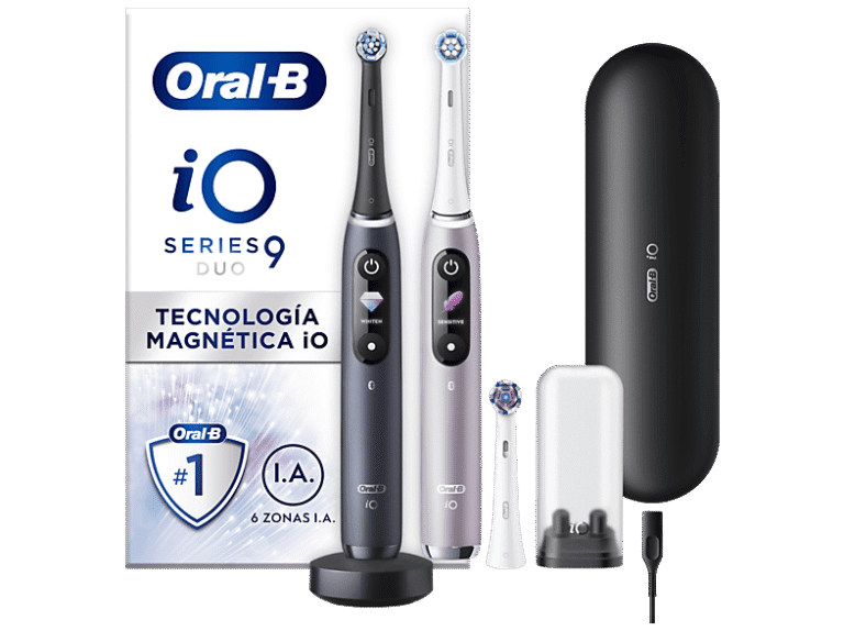 Oral-B Cepillo eléctrico - Oral-B iO 9, Pack doble, 3 cabezales, Seguimiento 3D con app, Con estuche de viaje, Negro y Rosa